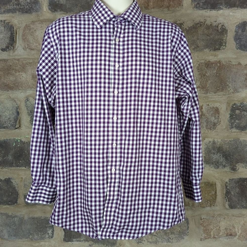 Sean John Men's Purple White Gingham Check Button Down Shirt Tailored Fit 16.5 L